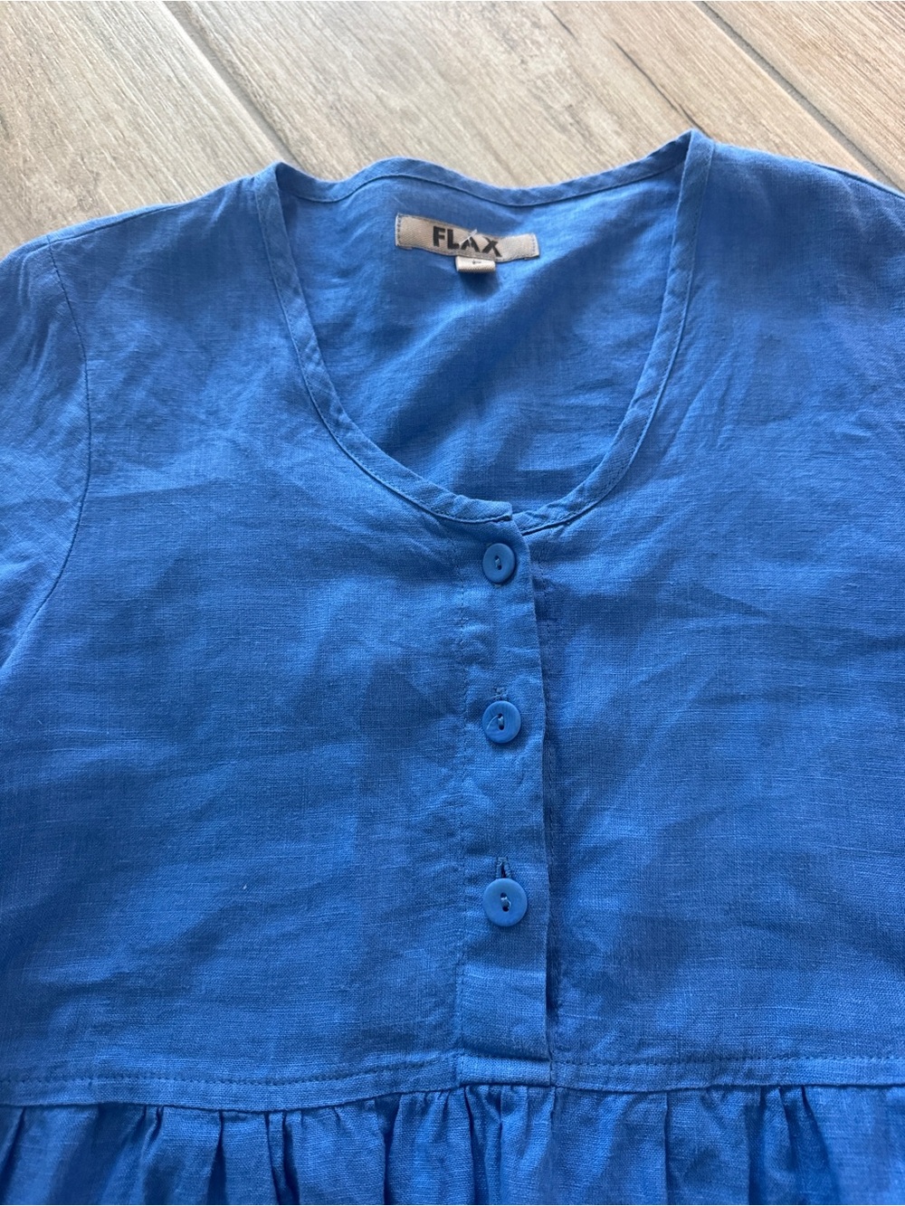 FLAX by Jeanne Engelhart Blue Linen Peplum Button Top P (0-4) - Picture 5 of 8